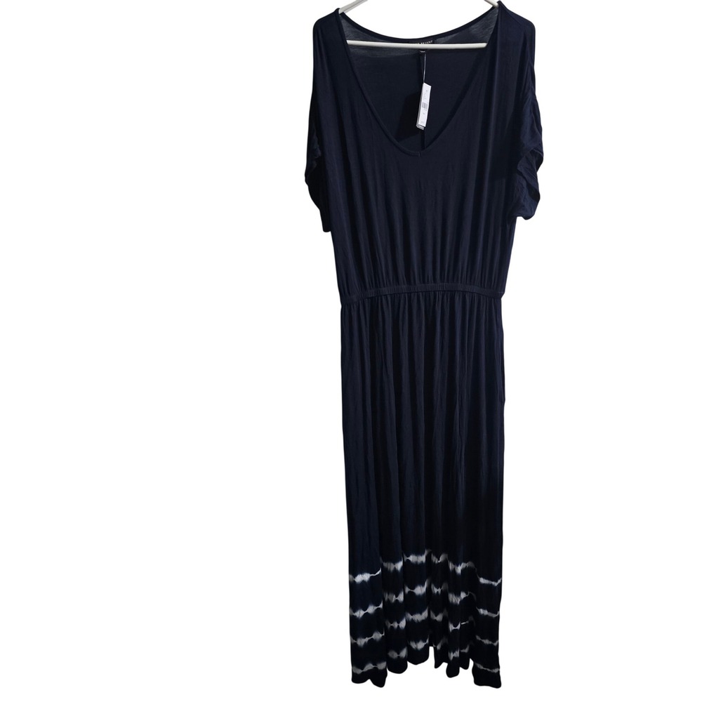Lane Bryant Maxi Dress Womens 14/16 Navy Blue Tie Dye Hem V-Neck Short Sleeve